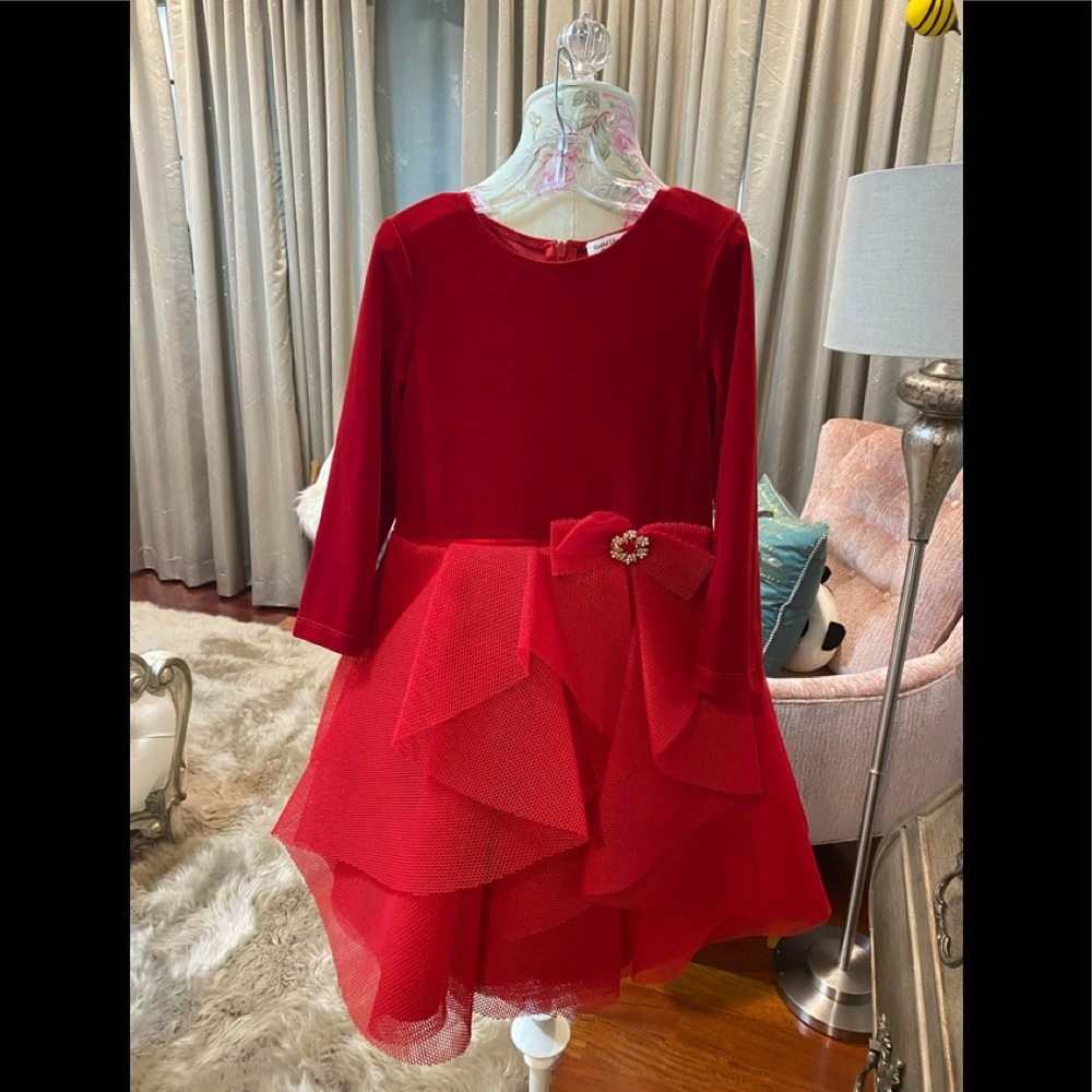 Girls long sleeve red velvet and crinoline dress